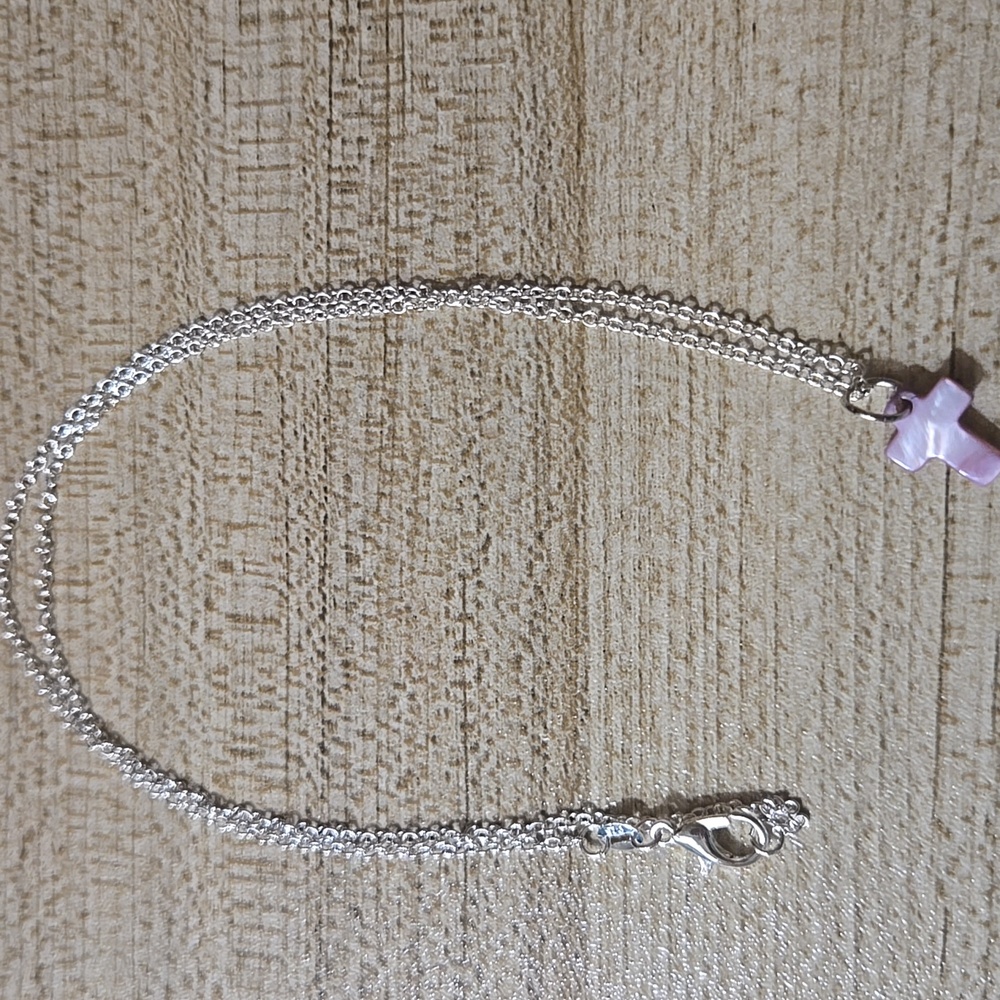 Silver Tone & Purple Shell Cross Pendant Necklace- Christian & Religious Dainty